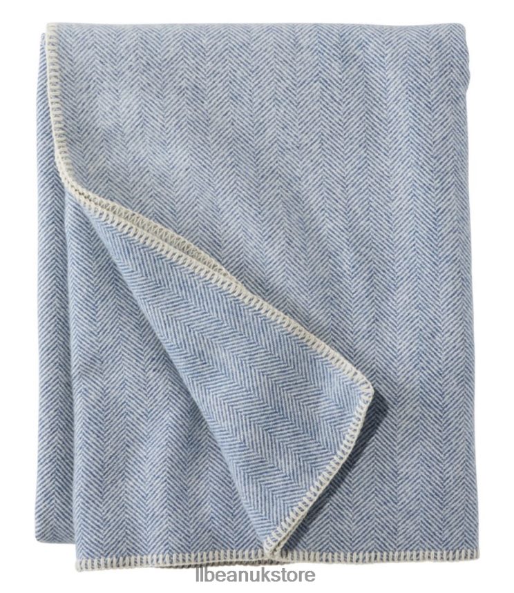 Bedding L.L.Bean Washable Wool Blanket Herringbone Blue/Cream Unisex 0VRR664378