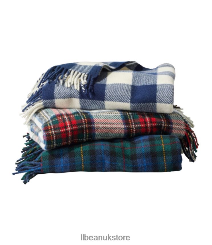 Bedding L.L.Bean Washable Wool Throw Cream/Indigo Heather Buffalo Check Unisex 0VRR664386