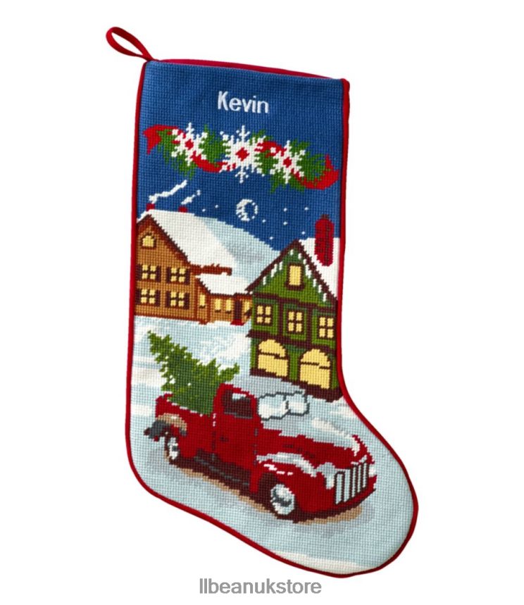 Home Decor L.L.Bean Needlepoint Christmas Stocking Red Truck Unisex 0VRR666307