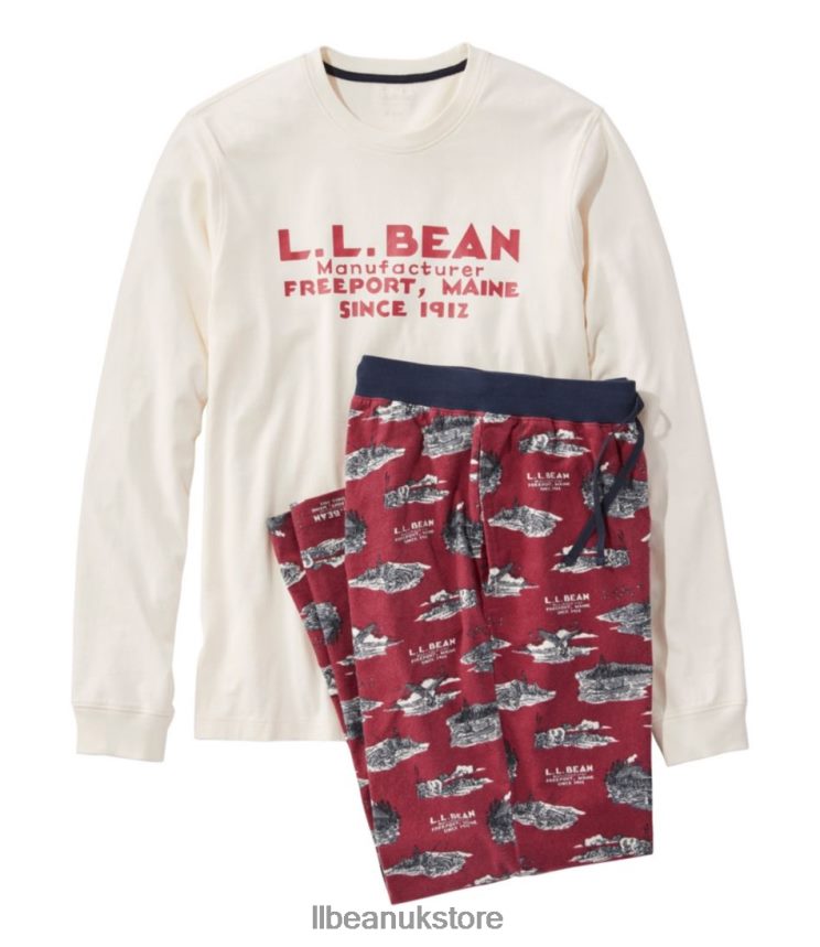 Clothing L.L.Bean Camp PJ Set Cream/Red Wine Landscape Men 0VRR665933