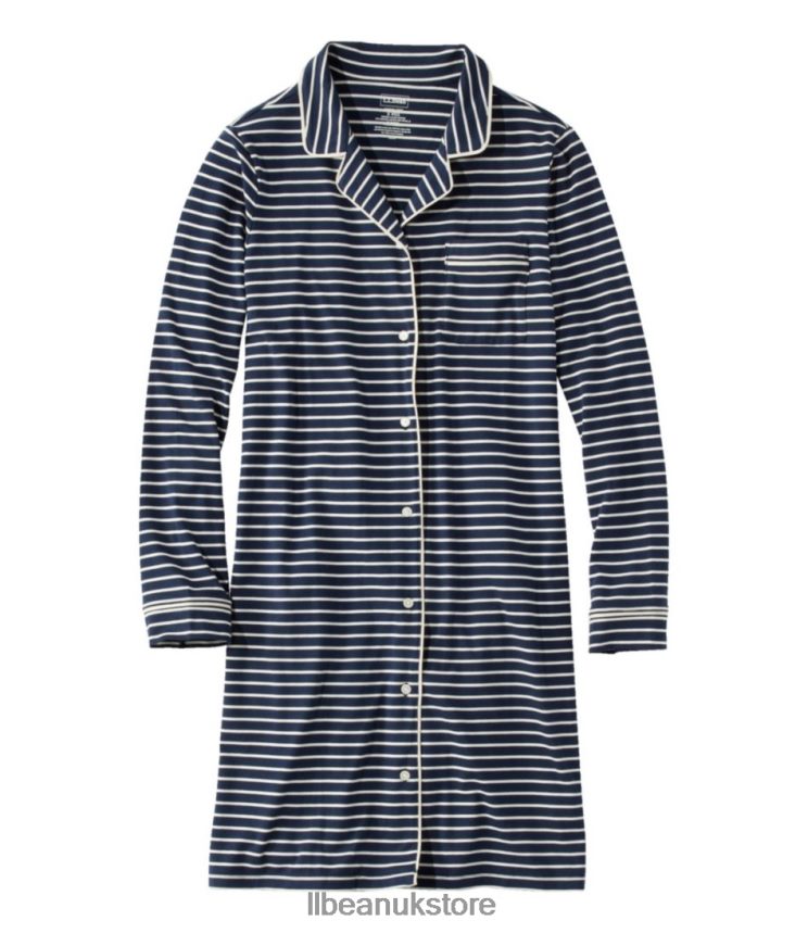 Clothing L.L.Bean Super-Soft Shrink-Free Button-Front Nightgown Classic Navy/Cream Stripe Women 0VRR663039