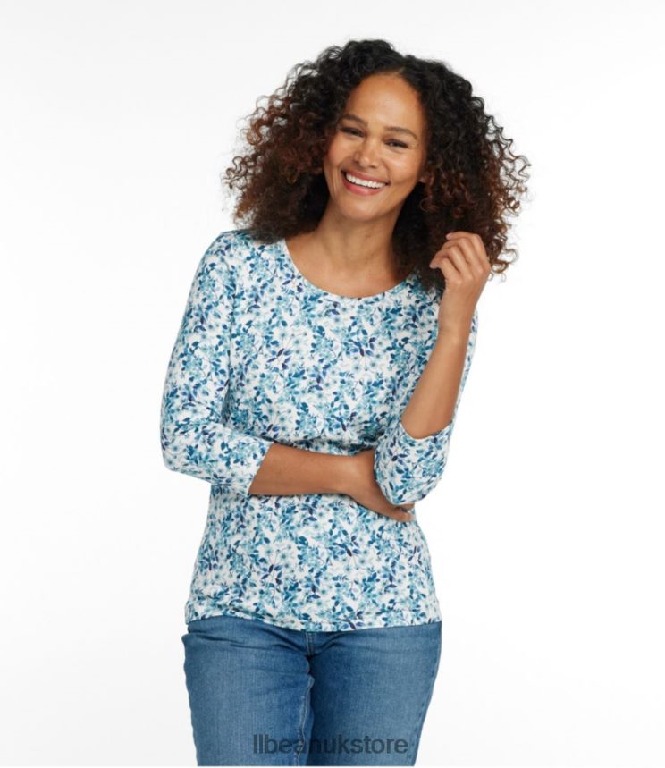 Clothing L.L.Bean Pima Cotton Shaped Jewelneck Tee Sea Salt Watercolor Floral Women 0VRR665770