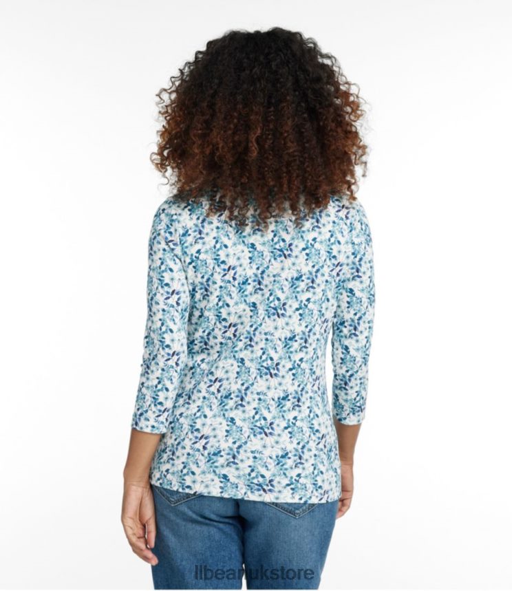 Clothing L.L.Bean Pima Cotton Shaped Jewelneck Tee Sea Salt Watercolor Floral Women 0VRR665770